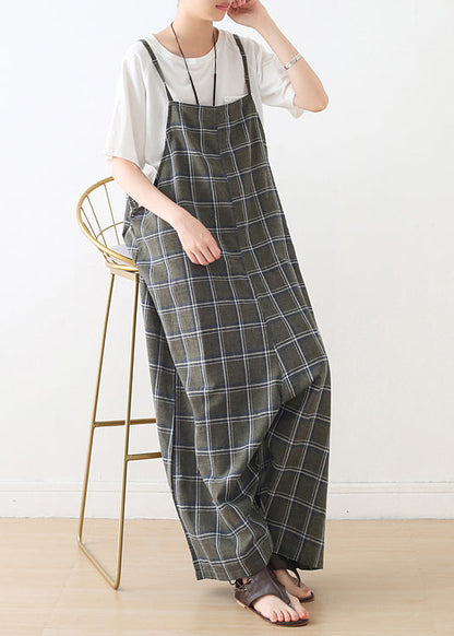Women Baggy Green Plaid Cotton Spaghetti Strap Jumpsuit Summer