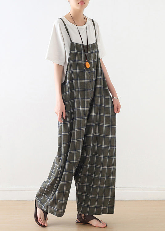 Women Baggy Green Plaid Cotton Spaghetti Strap Jumpsuit Summer