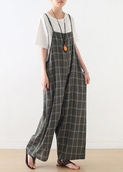 Women Baggy Green Plaid Cotton Spaghetti Strap Jumpsuit Summer