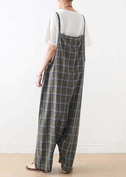 Women Baggy Green Plaid Cotton Spaghetti Strap Jumpsuit Summer