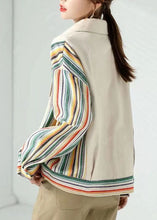 Load image into Gallery viewer, Women Beige Peter Pan Collar Pockets Striped Patchwork Cotton Coat Fall