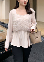 Women Beige Square Collar Patchwork Tulle Cotton Tops Fall