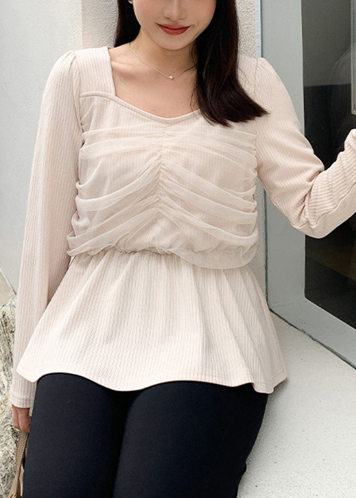 Women Beige Square Collar Patchwork Tulle Cotton Tops Fall