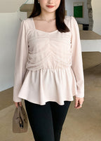 Women Beige Square Collar Patchwork Tulle Cotton Tops Fall