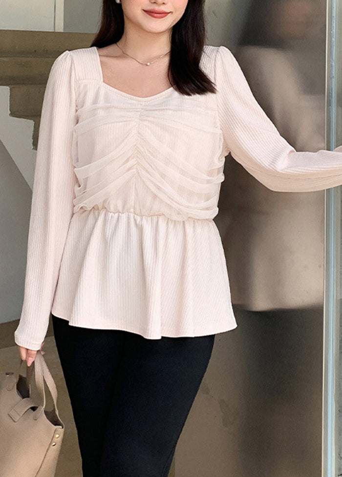 Women Beige Square Collar Patchwork Tulle Cotton Tops Fall