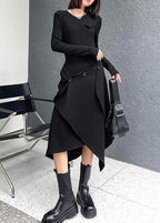 Women Black Asymmetrical Button Cotton Skirt