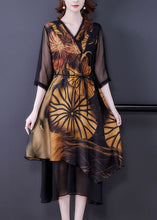 Load image into Gallery viewer, Women Black Asymmetrical Patchwork Print Silk Dress Summer