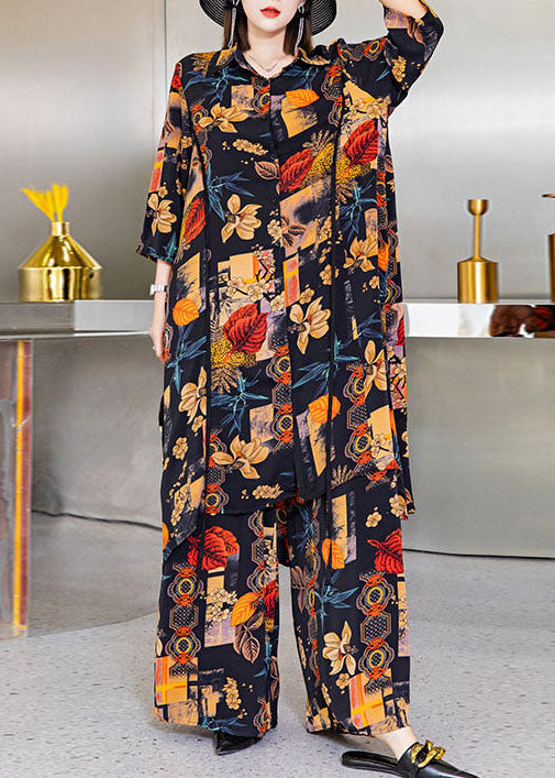 Women Black Asymmetrical Print Silk shirts wide leg pants Two Pieces Set Spring