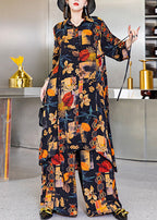 Women Black Asymmetrical Print Silk shirts wide leg pants Two Pieces Set Spring