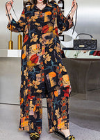 Women Black Asymmetrical Print Silk shirts wide leg pants Two Pieces Set Spring