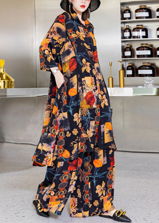 Women Black Asymmetrical Print Silk shirts wide leg pants Two Pieces Set Spring