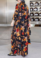 Women Black Asymmetrical Print Silk shirts wide leg pants Two Pieces Set Spring