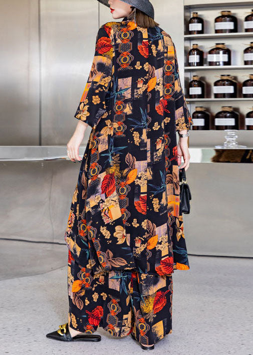 Women Black Asymmetrical Print Silk shirts wide leg pants Two Pieces Set Spring