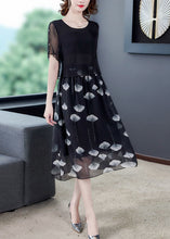 Load image into Gallery viewer, Women Black Hollow Out Patchwork Silk Fake Two Piece Dress Summer