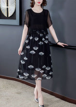 Load image into Gallery viewer, Women Black Hollow Out Patchwork Silk Fake Two Piece Dress Summer