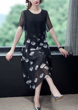 Load image into Gallery viewer, Women Black Hollow Out Patchwork Silk Fake Two Piece Dress Summer