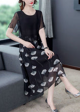 Load image into Gallery viewer, Women Black Hollow Out Patchwork Silk Fake Two Piece Dress Summer
