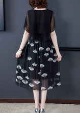 Load image into Gallery viewer, Women Black Hollow Out Patchwork Silk Fake Two Piece Dress Summer