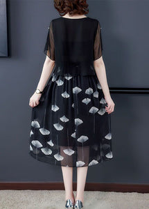 Women Black Hollow Out Patchwork Silk Fake Two Piece Dress Summer