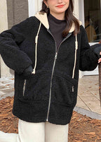 Women Black Hooded Zippered Patchwork Teddy Faux Fur Coat Fall