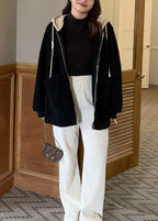 Women Black Hooded Zippered Patchwork Teddy Faux Fur Coat Fall