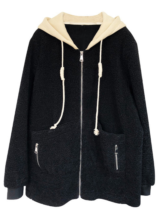 Women Black Hooded Zippered Patchwork Teddy Faux Fur Coat Fall