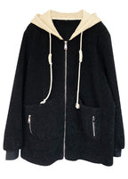 Women Black Hooded Zippered Patchwork Teddy Faux Fur Coat Fall