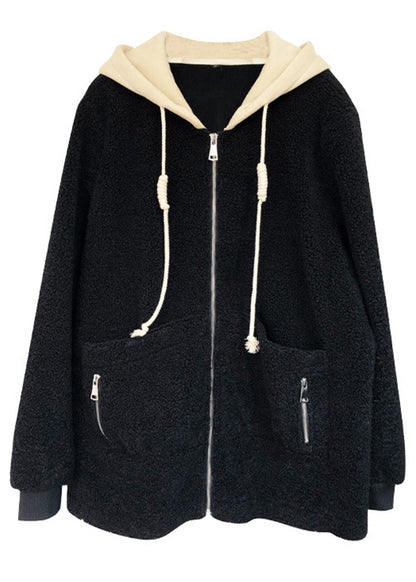 Women Black Hooded Zippered Patchwork Teddy Faux Fur Coat Fall