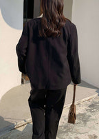 Women Black Notched Button Patchwork Spandex Coat Fall