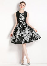 Load image into Gallery viewer, Women Black O Neck Jacquard Patchwork Chiffon Mid Dress Sleeveless