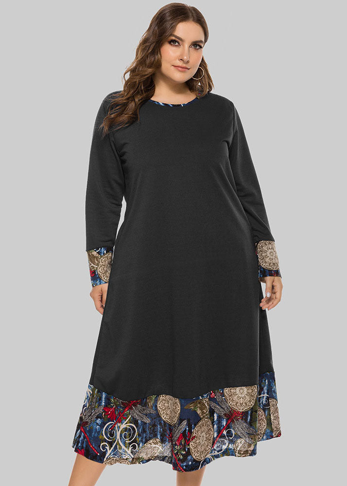 Women Black O Neck Print Pockets Patchwork Cotton Dress Fall