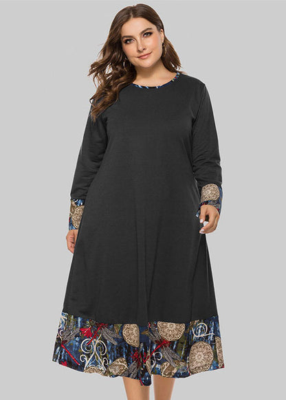 Women Black O Neck Print Pockets Patchwork Cotton Dress Fall