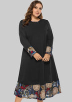 Women Black O Neck Print Pockets Patchwork Cotton Dress Fall