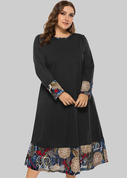 Women Black O Neck Print Pockets Patchwork Cotton Dress Fall