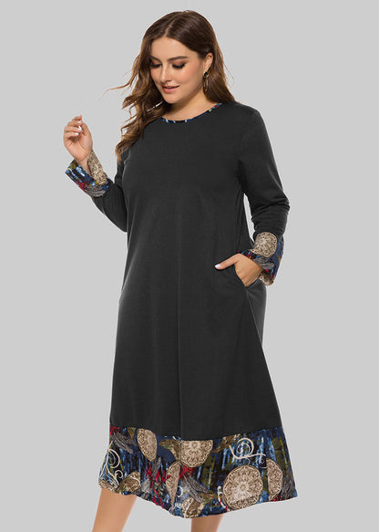 Women Black O Neck Print Pockets Patchwork Cotton Dress Fall