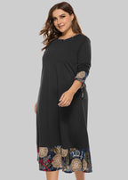 Women Black O Neck Print Pockets Patchwork Cotton Dress Fall