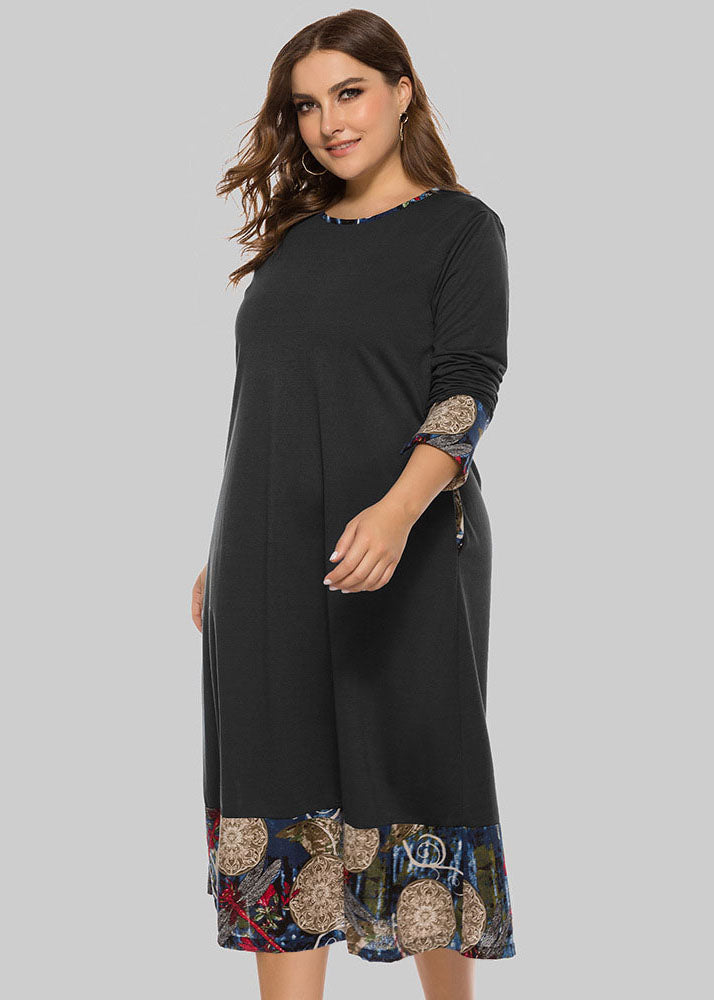Women Black O Neck Print Pockets Patchwork Cotton Dress Fall