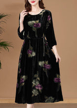 Load image into Gallery viewer, Women Black O-Neck Print Velour Party Dress Bracelet Sleeve