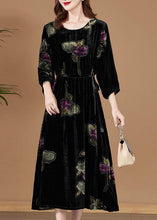 Load image into Gallery viewer, Women Black O-Neck Print Velour Party Dress Bracelet Sleeve
