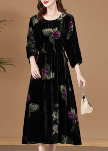 Women Black O-Neck Print Velour Party Dress Bracelet Sleeve