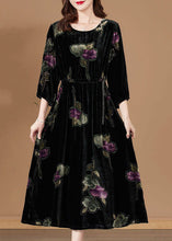 Load image into Gallery viewer, Women Black O-Neck Print Velour Party Dress Bracelet Sleeve