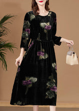 Load image into Gallery viewer, Women Black O-Neck Print Velour Party Dress Bracelet Sleeve