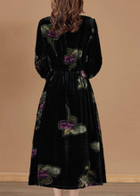Load image into Gallery viewer, Women Black O-Neck Print Velour Party Dress Bracelet Sleeve