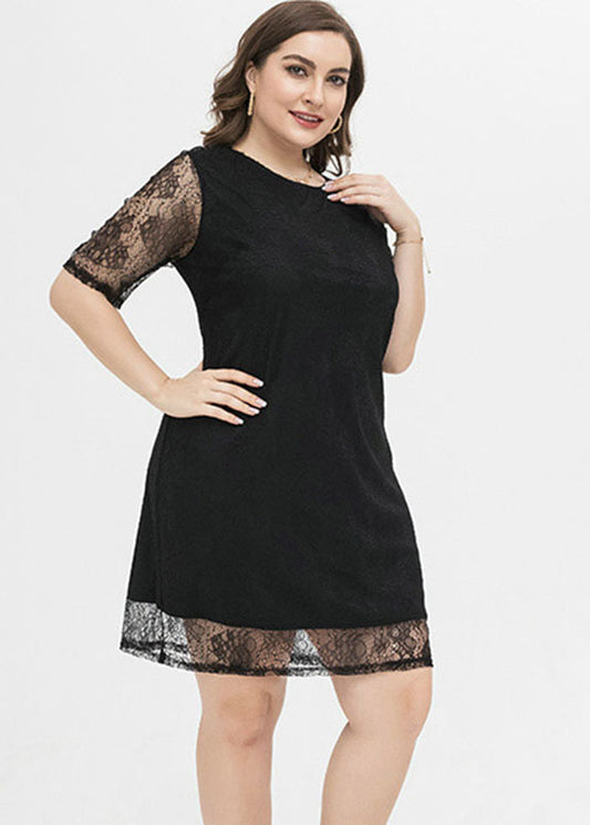 Women Black Patchwork Cozy Lace Mid Dresses Short Sleeve