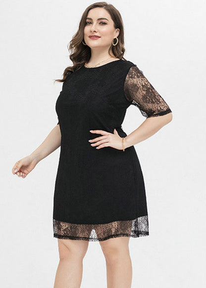 Women Black Patchwork Cozy Lace Mid Dresses Short Sleeve
