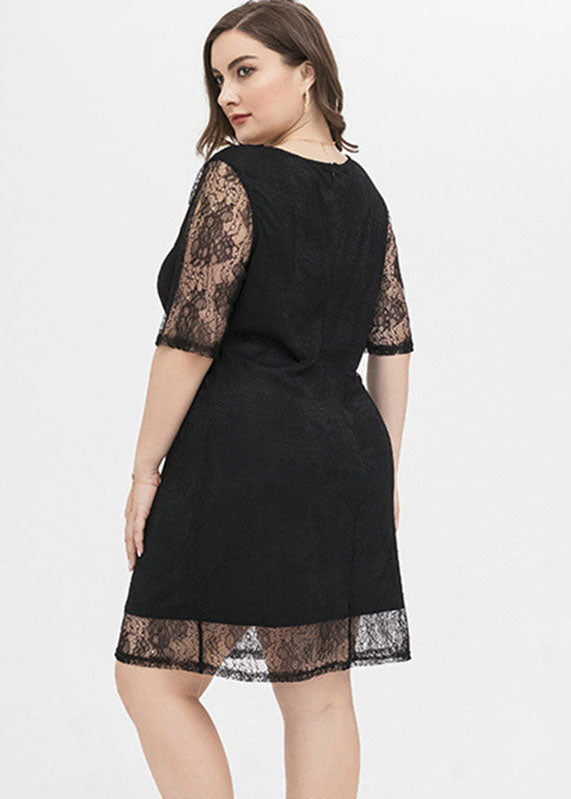 Women Black Patchwork Cozy Lace Mid Dresses Short Sleeve