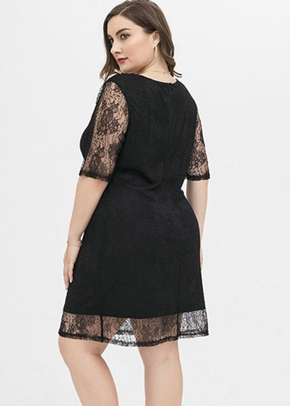 Women Black Patchwork Cozy Lace Mid Dresses Short Sleeve