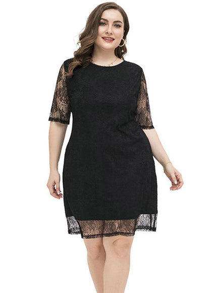 Women Black Patchwork Cozy Lace Mid Dresses Short Sleeve