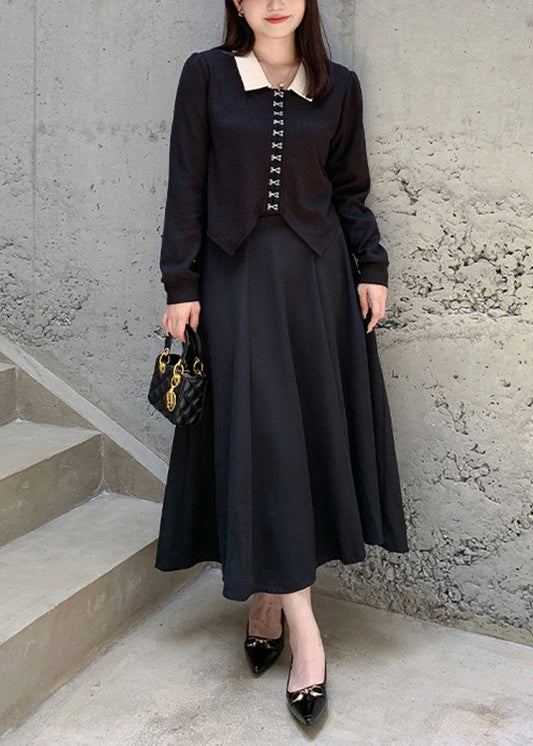 Women Black Peter Pan Collar Tops And Skirts Cotton Two Pieces Set Fall
