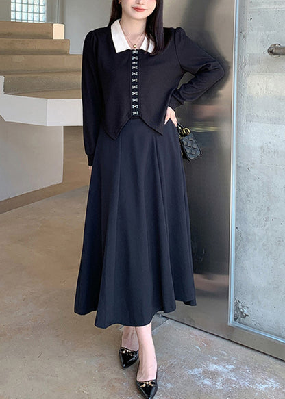 Women Black Peter Pan Collar Tops And Skirts Cotton Two Pieces Set Fall